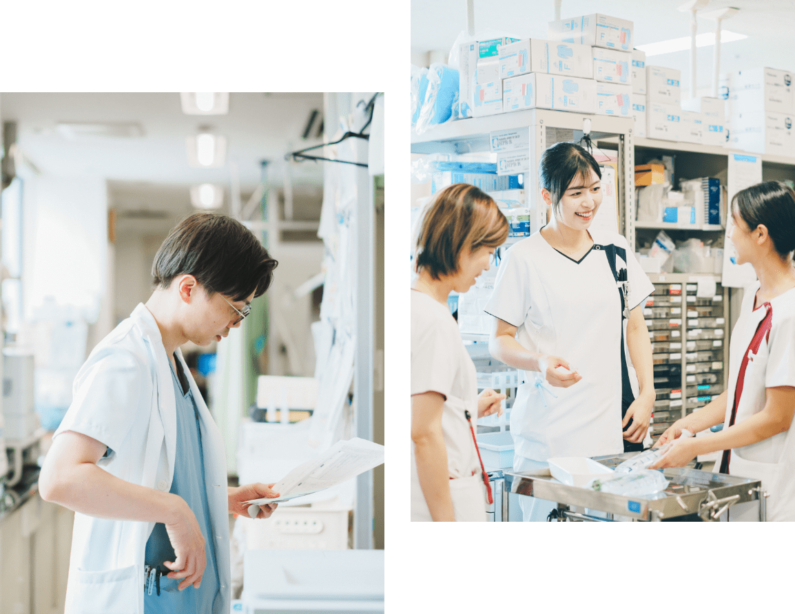 医者がカルテを見て、看護師たちが談笑している画像