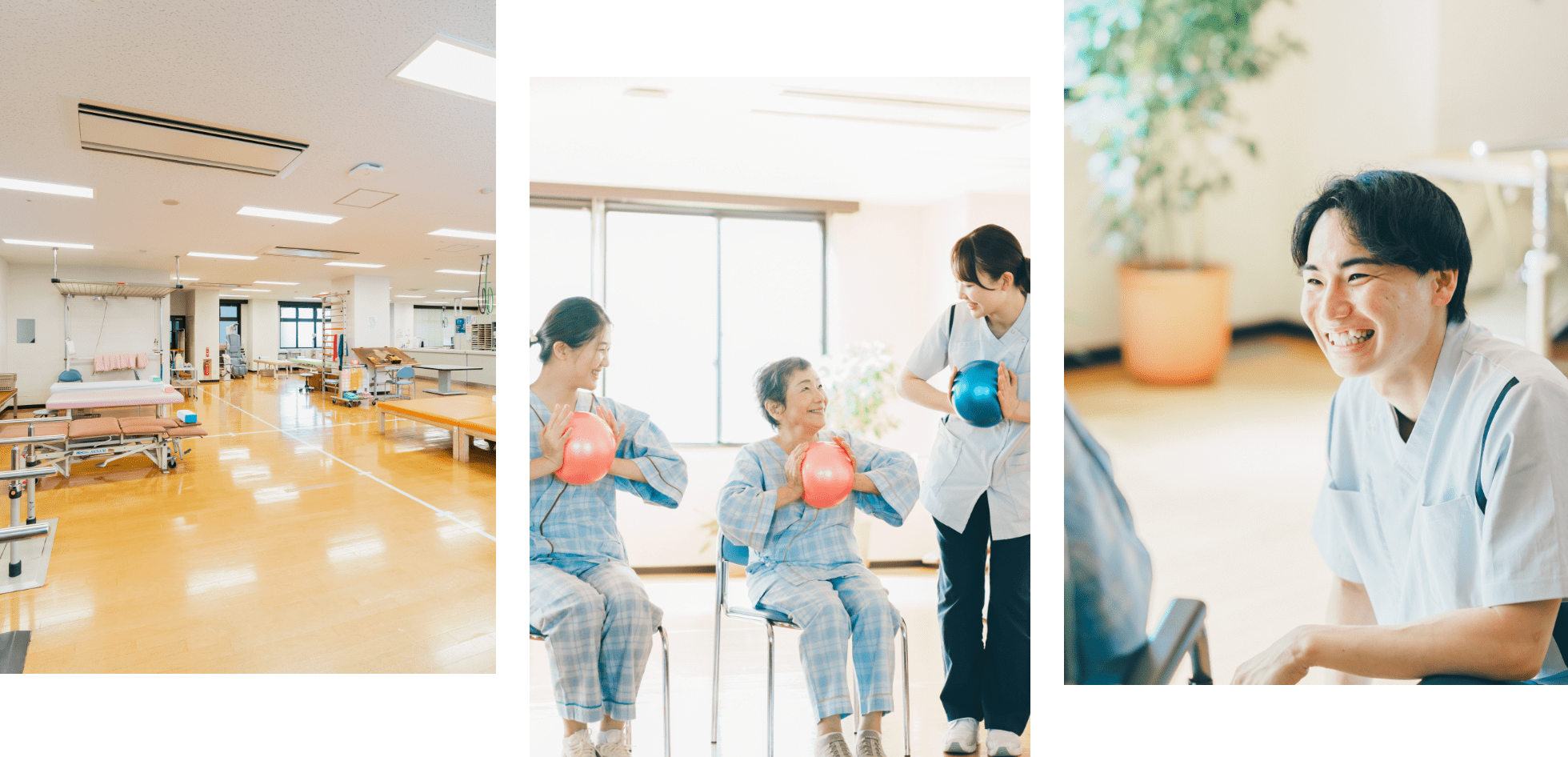 理学療法士、作業療法士とのリハビリの様子とリハビリルームの画像